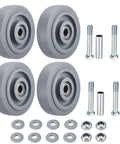 Heavy Duty Beefed Up 4 Inch Push Cart Wheel Set With Rubber Plate Casters And Bearings Repair Kit parts displayed