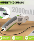 WorkPro Cordless Electric Scissors Rechargeable Power Rotary Cutter with Type-C charging and 2000mAh battery on wooden table.