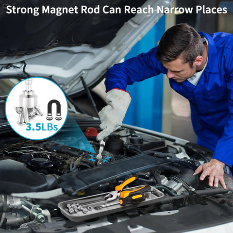 Mechanic using Telescoping Magnetic Sweeper Set With 35 Lb Magnet 3.5 Lb Magnetic Pick Up Tool under car hood