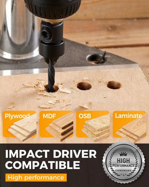 Drill using All In One Countersink Drill Bit Set For Woodworking By Comoware, 15-Piece Set drilling holes in wood