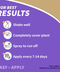 Instructions for Top Shelf Ready To Use Neem Oil Garden Spray dosage and application for plants, purple background, easy steps.