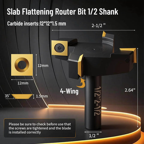 Heavy Duty Slab Flattening Router Bit With One Half Inch Shank And Two And One Half Inch Cutting Diameter, Four Wing Coated Carbide Inserts For CNC Spoilboard Surfacing