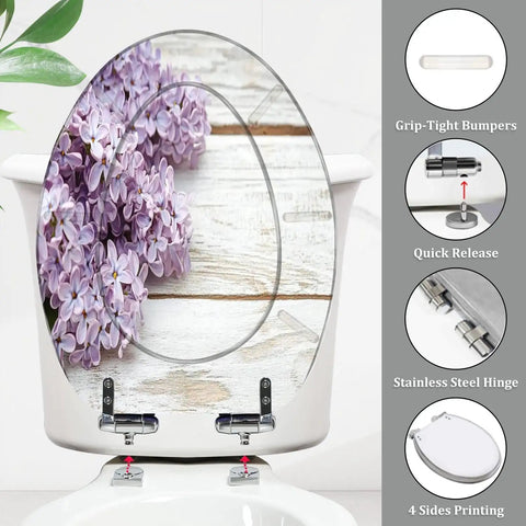 Toilet Seat Elongated Resin for Bathroom Use with lavender flowers, quick-release hinge, and grip-tight bumpers.
