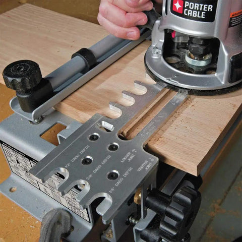 Using Dovetail Jig 12 Inch Kit With 4211 Template For Half Blind, Rabbeted Half Blind And Sliding Dovetails on wood board.