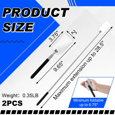 Two Pack Telescoping Welding Inspection Mirrors, 2 x 3.75 Inch Stainless Steel Rectangular Mirrors with Pivoting Heads