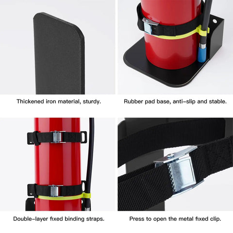 Heavy Duty Fire Extinguisher Mount Bracket For Vehicles And Rigs, 2 Pack, showing steel frame, straps, and quick-release clip detail