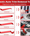 Plastic auto trim removal tools from 17 Piece Pro Grade Mechanic Hook and Pick Tool Set, shown in various uses with dimensions.