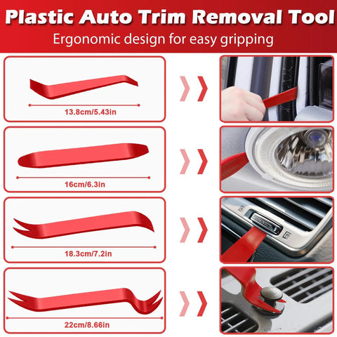 Plastic auto trim removal tools from 17 Piece Pro Grade Mechanic Hook and Pick Tool Set, shown in various uses with dimensions.