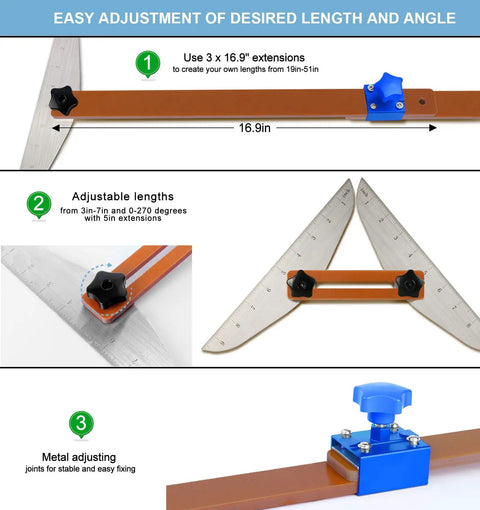 Adjustable Stair Tread Template Tool Kit With Pro Grade Gauge And Jig 7.67 To 49 Inch Length, showing adjustable measurements.