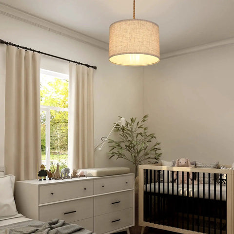 Two Pack Plug In Pendant Light Dope Boho Hanging Lamp With 15 Foot Hemp Rope Cord And Natural Linen Shade in nursery setting