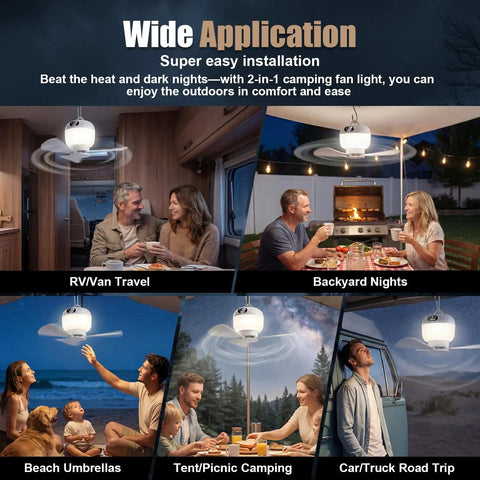 Multiple uses of 2-In-1 Camping Fan With Light And Remote for RV, backyard, beach, tent, and car, showing versatility outdoors.