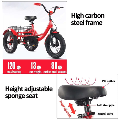 Three Wheel Kid Friendly Tricycle With Pneumatic Rubber Tires Pedals Single Brake Height Adjustable Saddle And Handlebar Cruiser Trike With Large Front Basket Durable Steel Frame Red 12 Inch featuring high carbon steel frame and adjustable PU leather seat