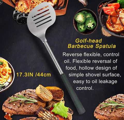 Golf Club Style BBQ Tool Set 7 Piece With Rubber Handles Stainless Steel Grilling Utensils Kit Includes spatula with steak and dishes