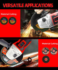 Beast Brushless Cordless Angle Grinder With 21V Battery in use cutting metal with sparks flying, showing 4 cutting discs