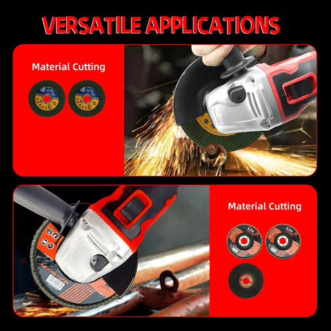 Beast Brushless Cordless Angle Grinder With 21V Battery in use cutting metal with sparks flying, showing 4 cutting discs