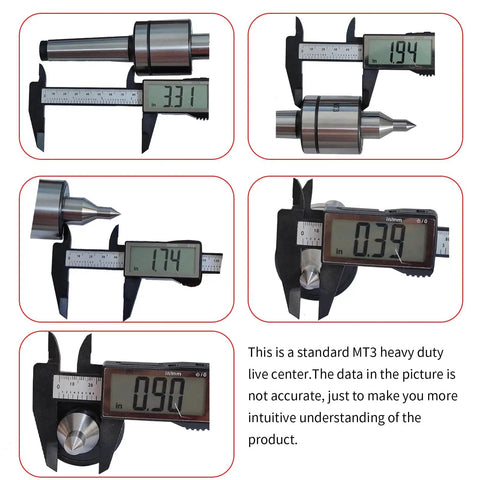 Caliper measurements of MT3 Live Center Long Nose for Lathe Tailstock Medium Duty 60 Degree Point Triple Bearing CNC Tool