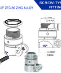 Screw-type fittings for Half Inch Flexible Steel Electrical Conduit Kit with diagram and photo, Zinc Alloy material, 1/2 inch size.