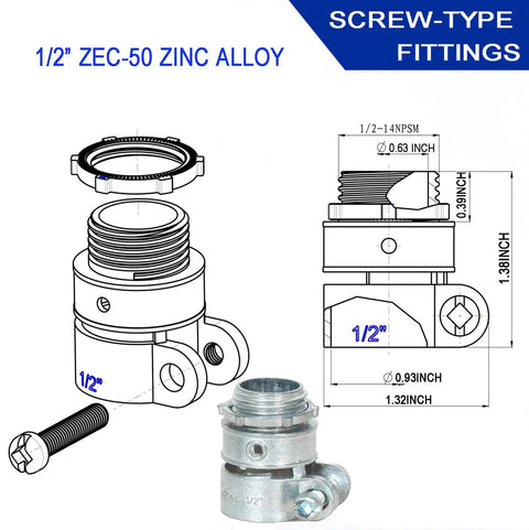 Screw-type fittings for Half Inch Flexible Steel Electrical Conduit Kit with diagram and photo, Zinc Alloy material, 1/2 inch size.