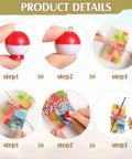 Product steps showing Gone Fishing Party Favors Kit With 12 Candy Tackle Boxes, Mini Rods, Red White Floats, Cards, and Rope Decor