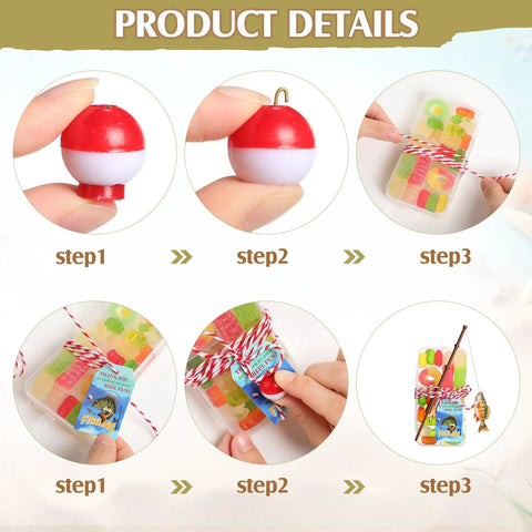 Product steps showing Gone Fishing Party Favors Kit With 12 Candy Tackle Boxes, Mini Rods, Red White Floats, Cards, and Rope Decor
