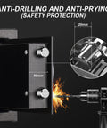 Close-up of fireproof waterproof safe box with anti-drilling bolts, compact fireproof and waterproof boss grade safe box with keypad for home office and hotel use 0.4 cu ft small cabinet lock box made of solid pry resistant alloy steel black matte finish.