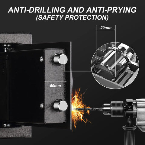 Close-up of fireproof waterproof safe box with anti-drilling bolts, compact fireproof and waterproof boss grade safe box with keypad for home office and hotel use 0.4 cu ft small cabinet lock box made of solid pry resistant alloy steel black matte finish.