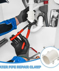 PATIKIL 2-inch white PVC water pipe repair clamp on a 50 mm OD pipe, installed under sink.