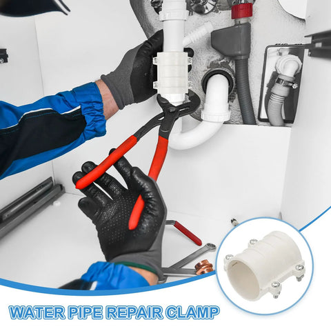 PATIKIL 2-inch white PVC water pipe repair clamp on a 50 mm OD pipe, installed under sink.