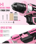 Close-up of Pink 20V Cordless Drill Kit With 236 Piece Home Tool Set featuring torque settings and 2-speed options for women DIY.