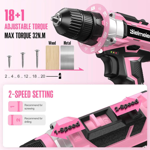Close-up of Pink 20V Cordless Drill Kit With 236 Piece Home Tool Set featuring torque settings and 2-speed options for women DIY.
