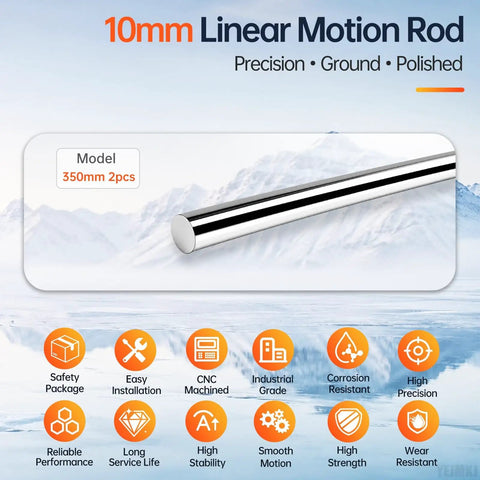 Premium 2 Pack High Grade C45 Carbon Steel Linear Motion Rod Shafts, 10mm by 350mm polished chrome rods on a snowy background.