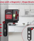 Self Leveling Green Cross Line Laser 100ft Range For Hanging And Tiling, 1.5mm At 5m Accuracy, 3 Degree Level, Includes Magnetic Bracket And Carry Pouch, Ideal For Picture Hanging, DIY Friendly, Wall And Floor Tile Work, Class 2, Low Power, magnetic L bracket mounted on metal surface