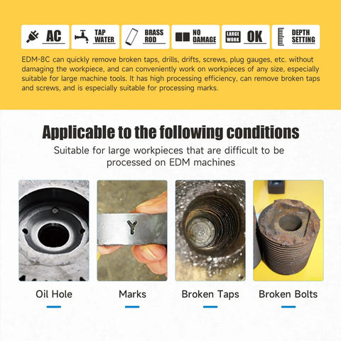 Visible applications for Pro Grade 800W 110V Portable EDM Tap Burner Remover showing oil hole, marks, broken taps, and broken bolts.