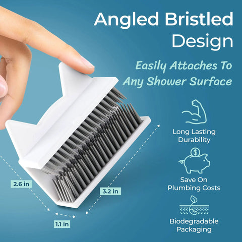 Hair Catcher For Wall And Tub No Fuss No Mess Reusable Hair Trap With 3M Adhesive angled bristles design shown in white.