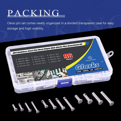 96-Piece Stainless Steel Clevis Pin Assortment Kit With Flat Head Single Hole Pins 304 Grade 12 Sizes From M3 To M5 in a case