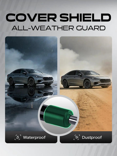 Two cars under rain and dust conditions, showcasing waterproof and dustproof Cover Shield All-Weather Guard features