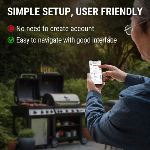 User holding smartphone with app interface near BBQ grill, showcasing 650 Ft Wireless Bluetooth Meat Thermometer setup and usage.