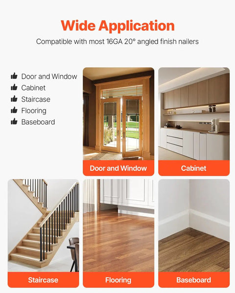 Wide application of Sixteen Gauge Two Inch Angled Finish Nails Twenty Degree Offset on doors, cabinets, stairs, flooring, and baseboards.