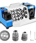 Top Notch Drill Bits Sharpener Machine For 3 To 20mm With 18 Collets, Adjustable Lip Relief And Point Angles, Portable Grinding Tool With CBN SDC Wheel, showing machine and accessories.