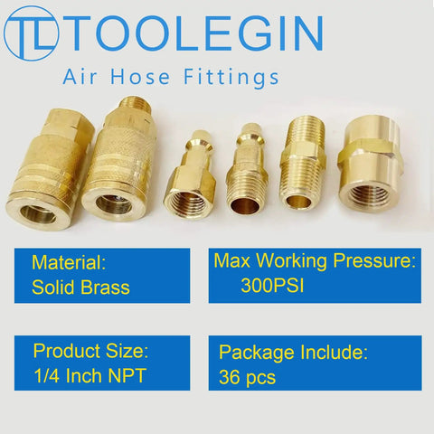 Heavy Duty One Quarter Inch Air Hose Fittings Kit With Storage Case 36 Piece Quick Connect Accessory Pro Grade Set, solid brass components