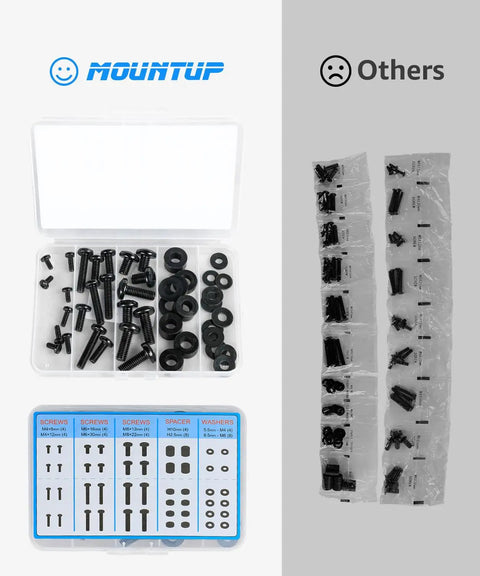 Pro No Sweat Top Shelf Universal TV Mounting Hardware Screw Kit with M4 M6 M8 bolts, washers, and spacers in organized case.