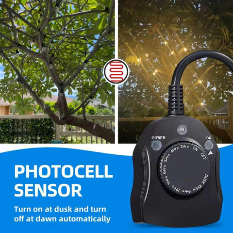Outdoor Timer Outlet With Dusk To Dawn Sensor, Waterproof Weatherproof Power Timer With Dual Grounded Outlets For Outdoor Lights, 15A 1875W, ETL Listed, Multi Mode Dusk Activated Timers, 1 Pack showing power dial settings