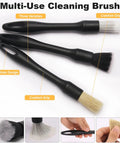 8 Piece Car Detailing Kit With Boar Hair Brushes Ultra Soft Duster Microfiber Cloths Reusable 160g Cleaning Gel And Portable Organizer Bag For All Rides - three black-handled boar hair brushes with comfort grip and hang hole design.
