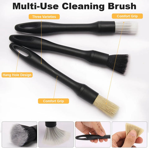 8 Piece Car Detailing Kit With Boar Hair Brushes Ultra Soft Duster Microfiber Cloths Reusable 160g Cleaning Gel And Portable Organizer Bag For All Rides - three black-handled boar hair brushes with comfort grip and hang hole design.