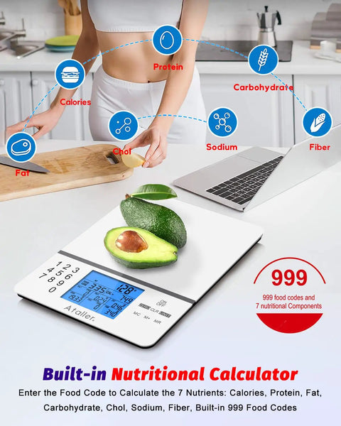 Digital Kitchen Scale With Nutritional Calculator For Meal Prep And Weight Loss, Ultra Precise 1 G To 0.1 Oz Measurements shown with avocado