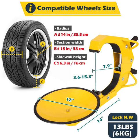 Dual Lock Wheel Clamp For Cars Trucks SUVs And Campers With Parking Boot Upgraded Anti Theft Wheel Lock System Adjustable Lug Nuts Cover Heavy Duty Security Device To Stop Theft And Prying with measurements