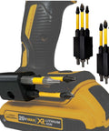 Six Bit Drill Bit Holder For Cordless Drills And Impact Drivers, attaches to factory mount on yellow cordless drill, holds bits