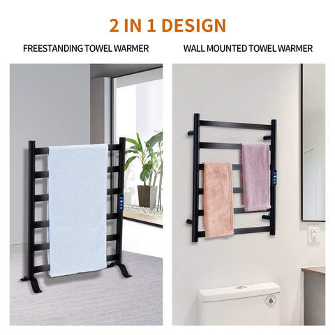 Carbon Fiber Heated Towel Rack With Six Bars, Freestanding And Wall Mount Electric Towel Warmer For Bathroom, Built-In Timer And LED Indicator