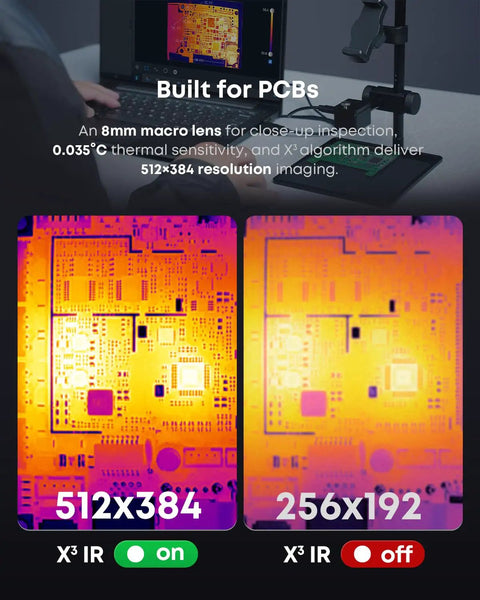 Pro Grade Thermal Imaging Camera For iOS And Android With 512x384 Resolution 35 mK NETD 8mm Macro Vision Infrared Imager in use on PCB