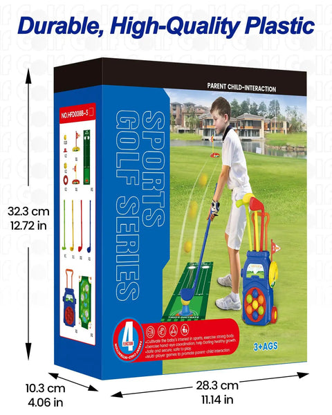 Box of Toddler Golf Set With Putting Mat And Cornhole Board For Kids Aged 3 To 5 Includes 4 Lightweight Clubs 10 Balls 2 Holes